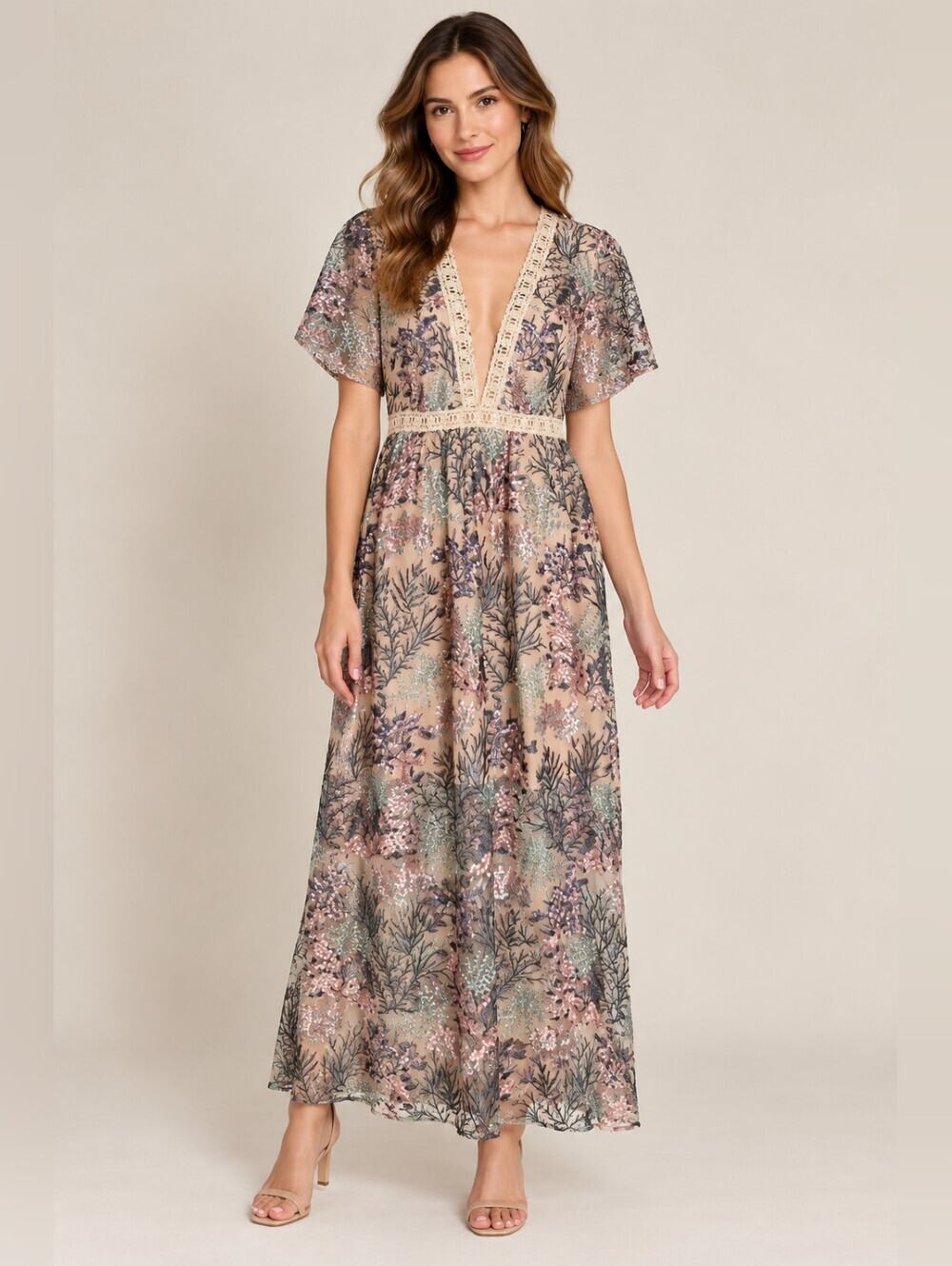 The Clothing Company Maxi Dress Boho Bridal Floral Embroidered Sheer Lace Large